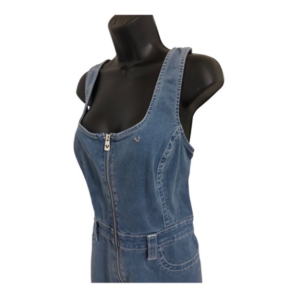 True Religion medium wash zip front stretch denim jeans jumpsuit size large new - Picture 12 of 17